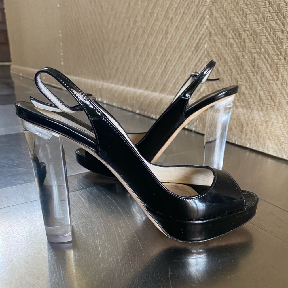 Vtg 2000s Brian Atwood Black Leather w Lucite Heel Platforms